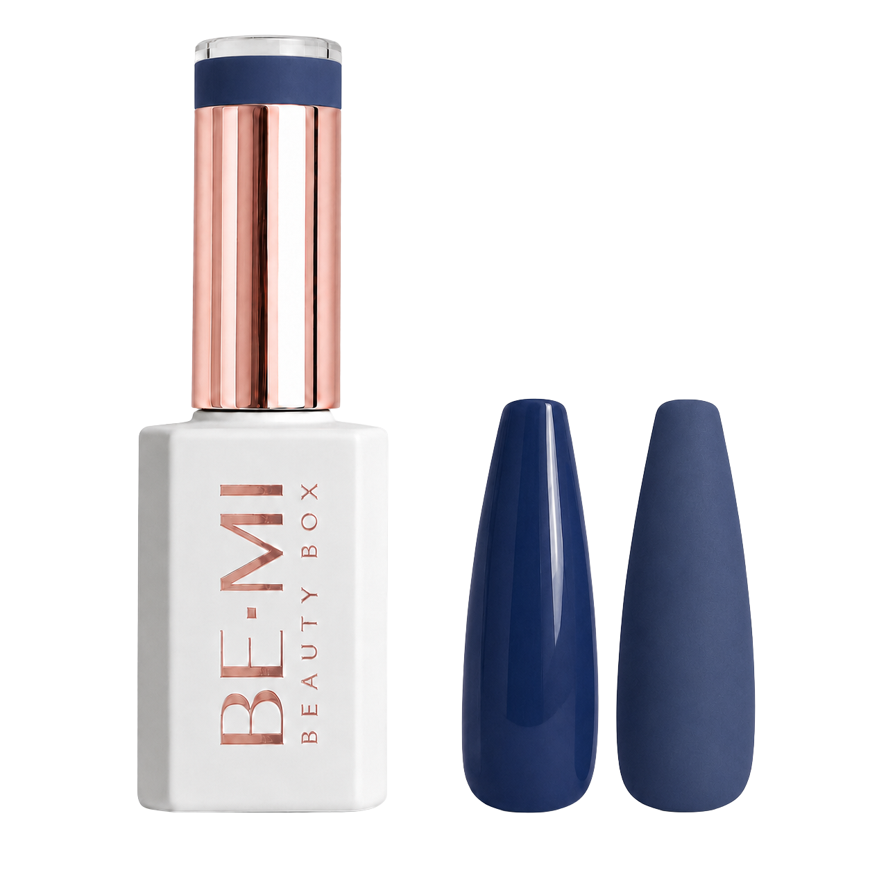 BEMI F07 Nocturne, original bottle and glossy and matte navy swatches