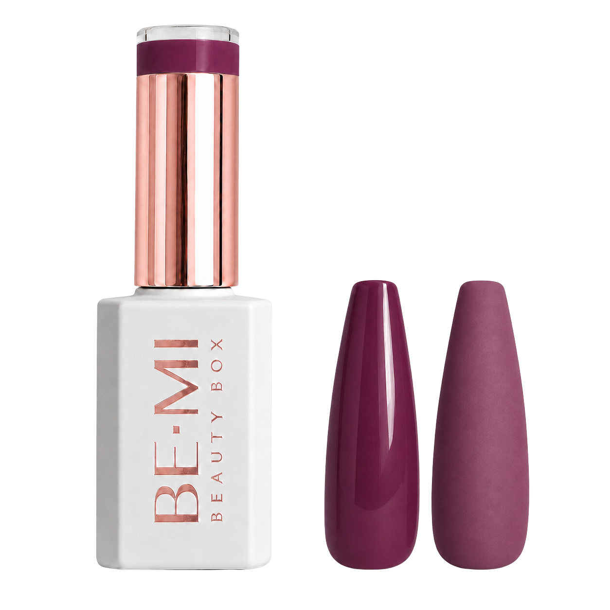 BEMI F09 Sangria, original bottle and glossy and matte plum swatches