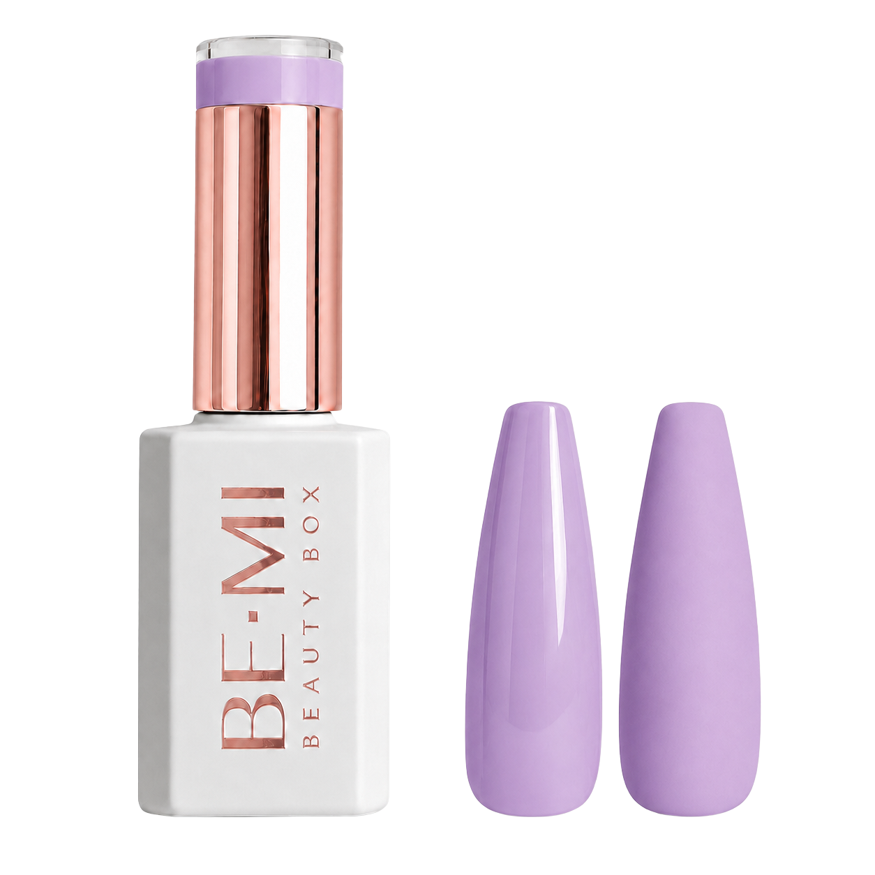 BEMI O01 Lilt, original bottle and glossy and matte lilac swatches
